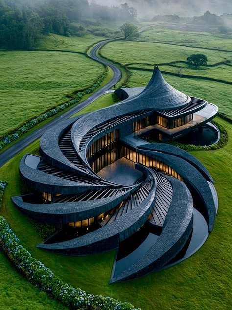 Sculptural contemporary home set in a green landscape